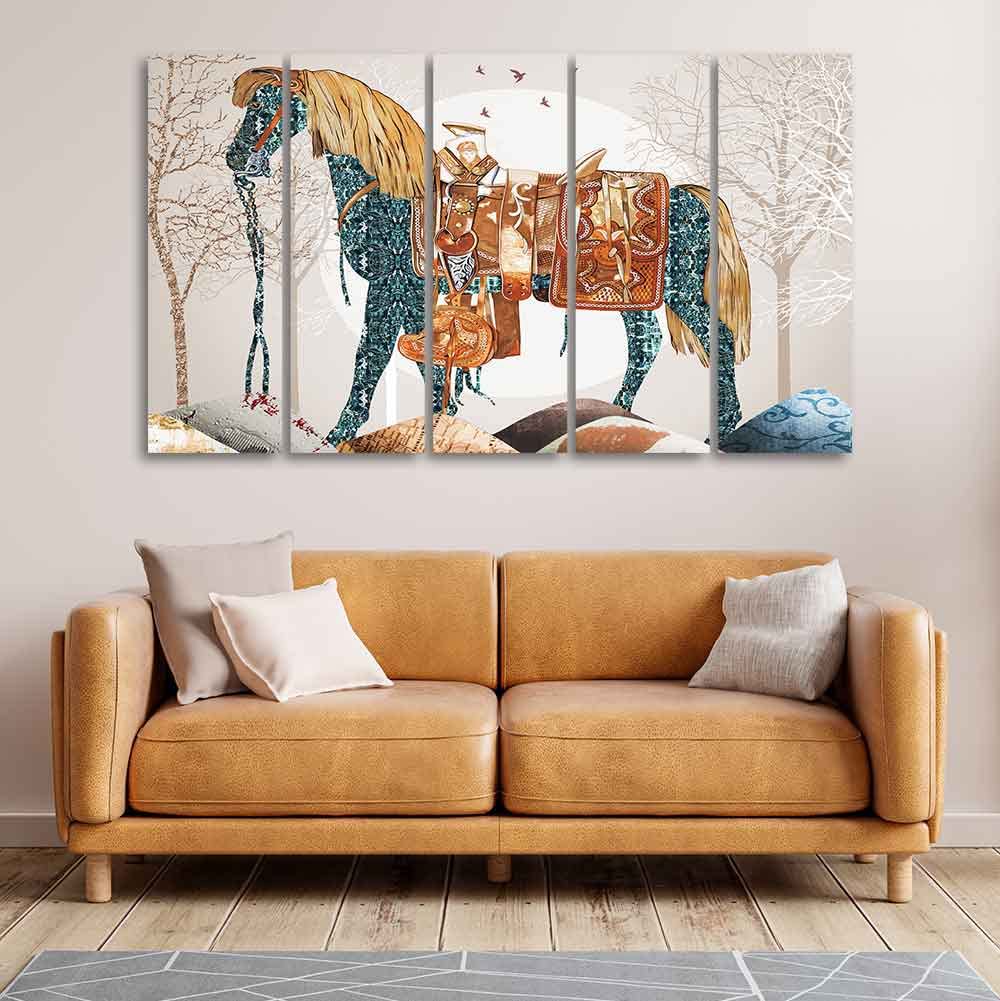 VIBECRAFTS Wall Painting of Patterned Horse of Five Pieces For Home|Office|Living Room|Gift (PTVC5Pcs4_8745)