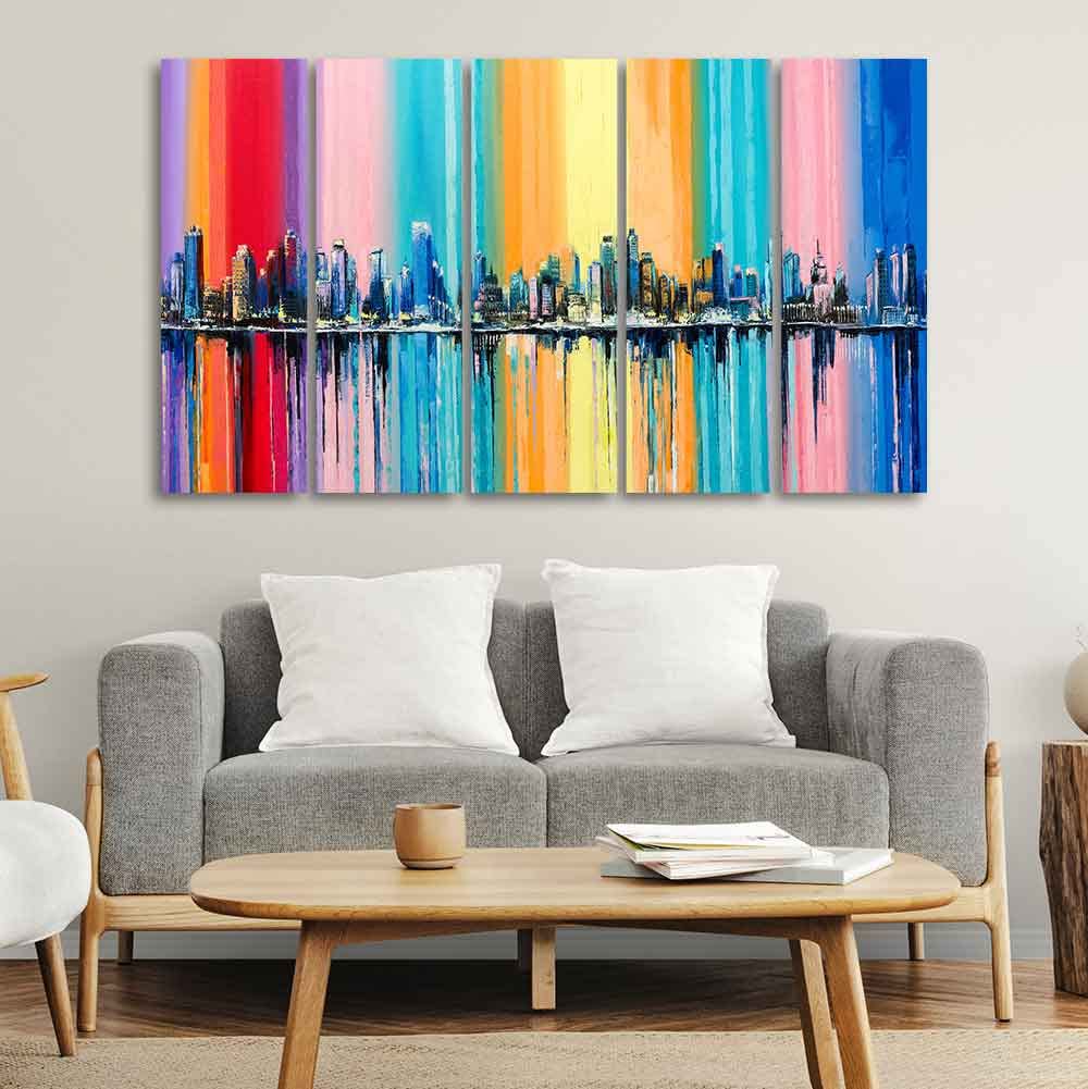 VIBECRAFTS City Skyline Premium Canvas Wall Painting Set of Five For Home|Office|Living Room|Gift (PTVC5Pcs4_8631)