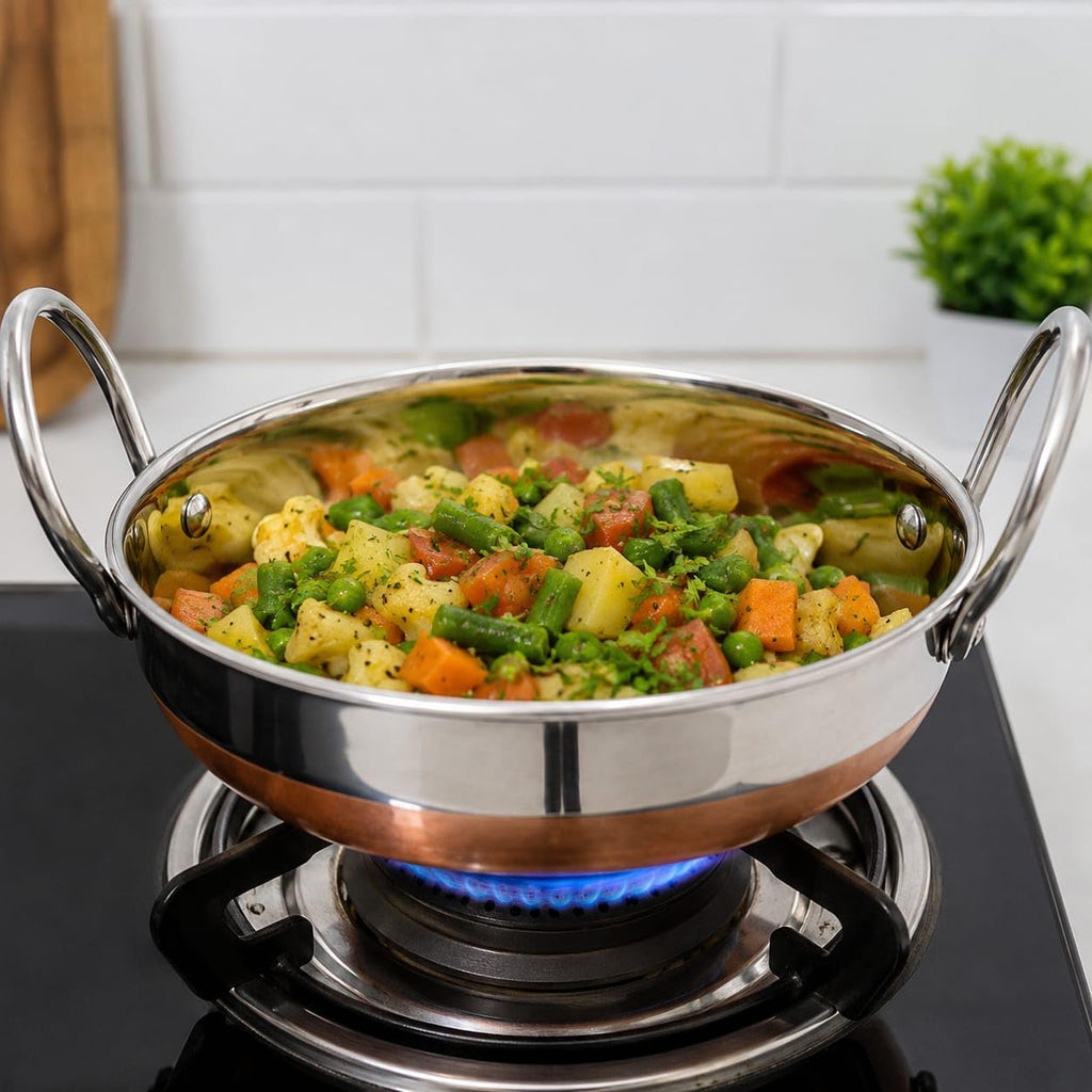 PAVANI Enterprises Stainless Steel Copper Bottom Kadhai with Handles | Heavy Duty Induction & Gas Compatible Cooking Kadai | Silver & Copper | Size No. - 10 (1 L)