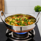 PAVANI Enterprises Stainless Steel Copper Bottom Kadhai with Handles | Heavy Duty Induction & Gas Compatible Cooking Kadai | Silver & Copper | Size No. - 10 (1 L)
