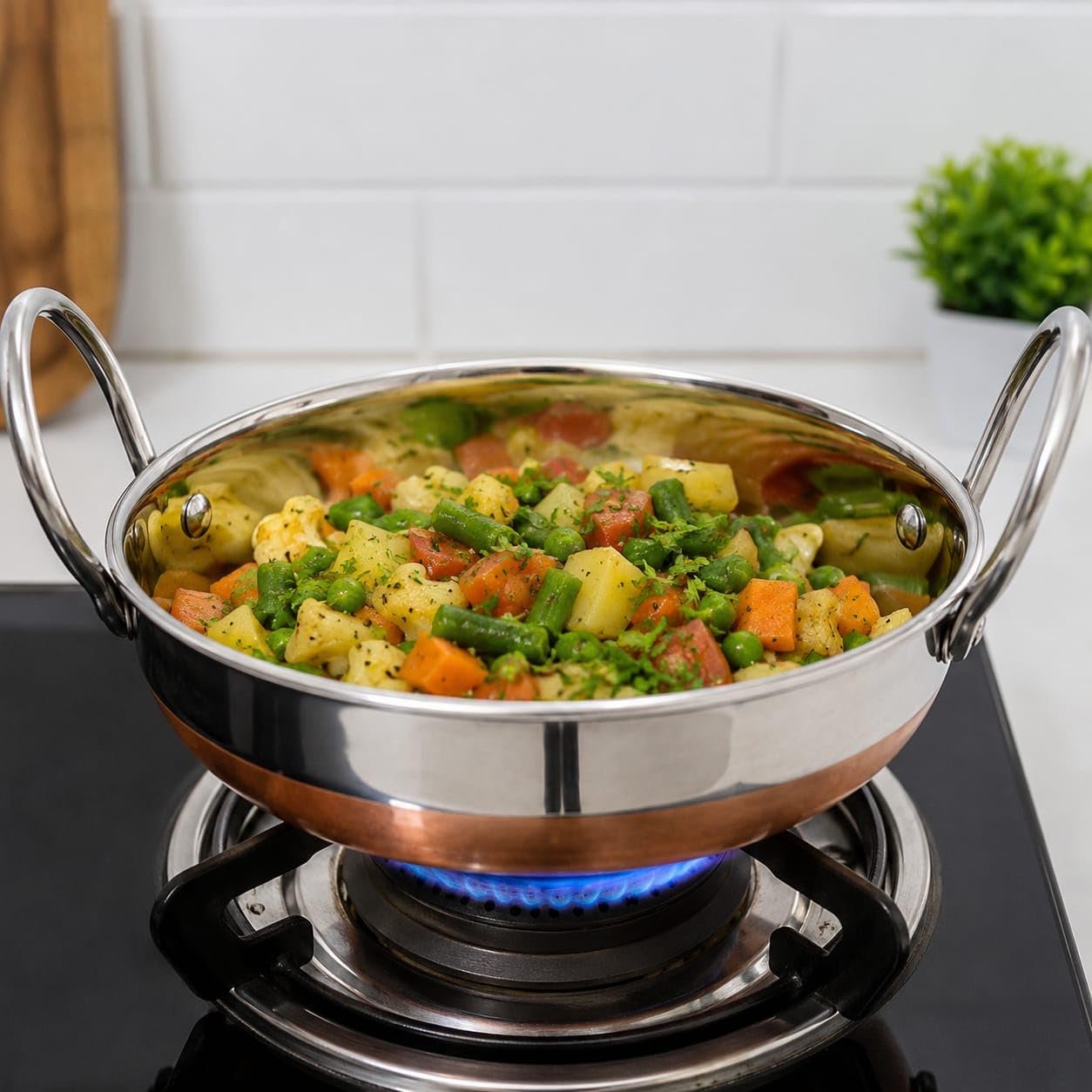 PAVANI Enterprises Stainless Steel Copper Bottom Kadhai with Handles | Heavy Duty Induction & Gas Compatible Cooking Kadai | Silver & Copper | Size No. - 10 (1 L)