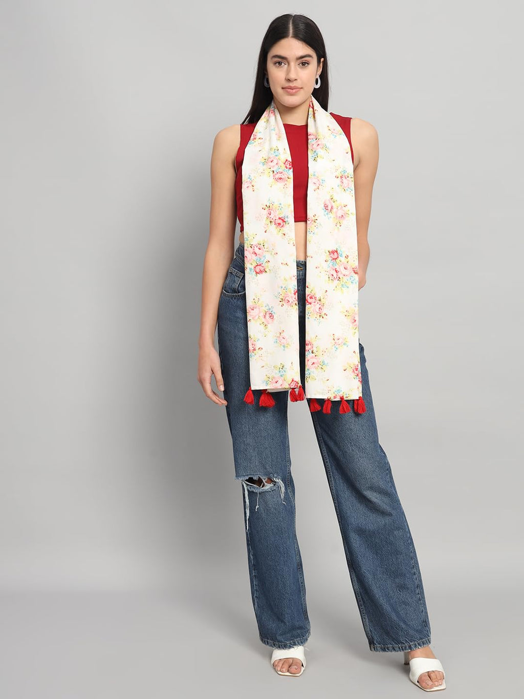 Ravaiyaa - Attitude is everything Women Off White & Peach Hand Block Rose Printed Cotton Tasseled Scarf 71 X 21 Inch