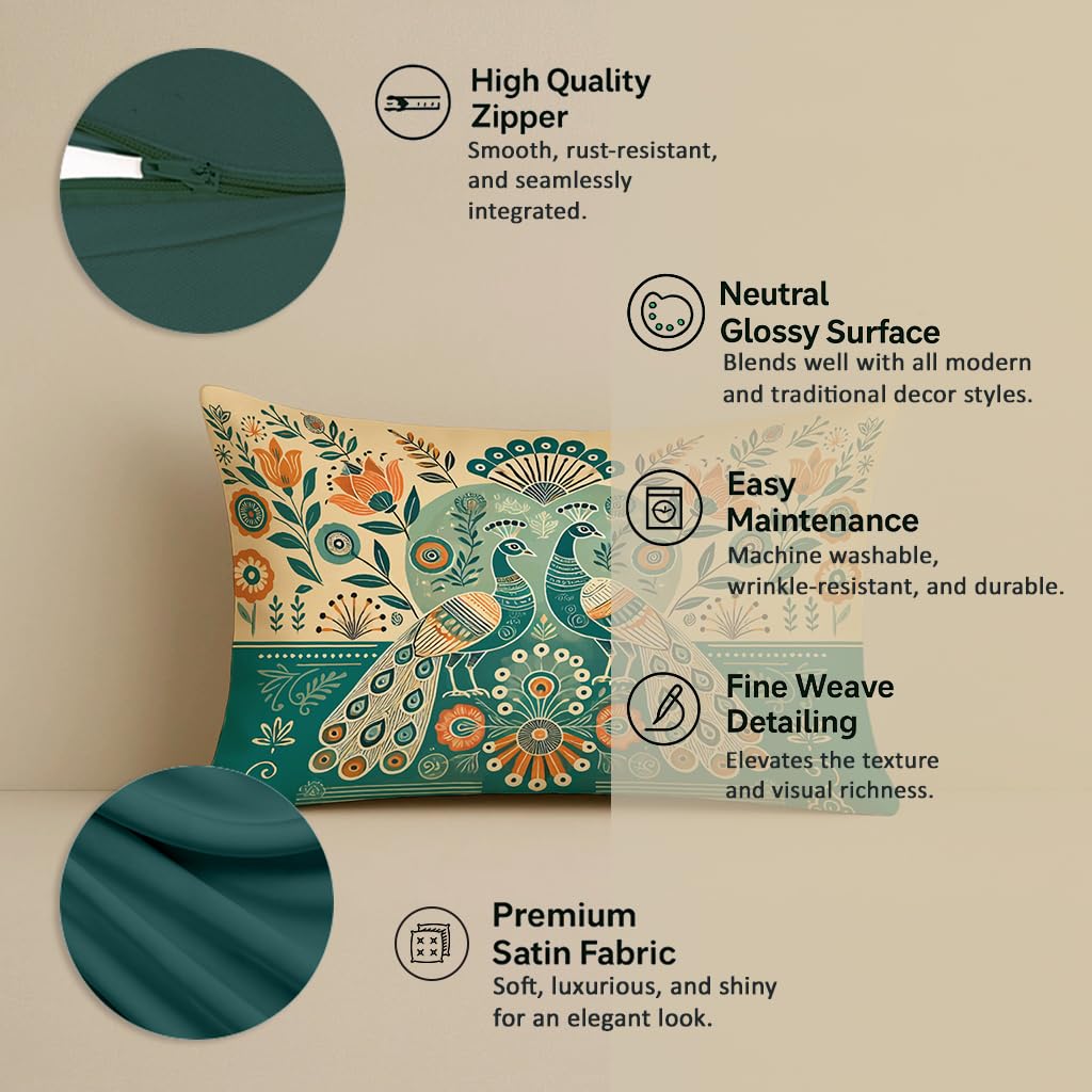 STITCHNEST Ethnic Satin Cushion Covers Twin Peacock with Floral Pattern, 12x18 Inch, Pack of 2 for Traditional Home Decor, Sofa Styling & Gifting