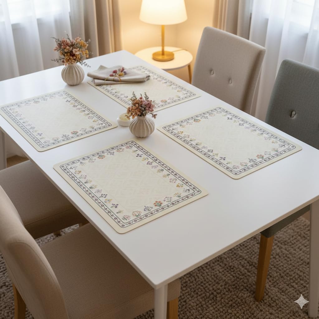 Upaado Leather Dining Table Placemat with Vintage Design - Pack of 4 | Heat Resistant, Waterproof, Non-Slip Table Mat for Kitchen Dining Table, PU Leather Mat for Table Protection (Cream Floral)