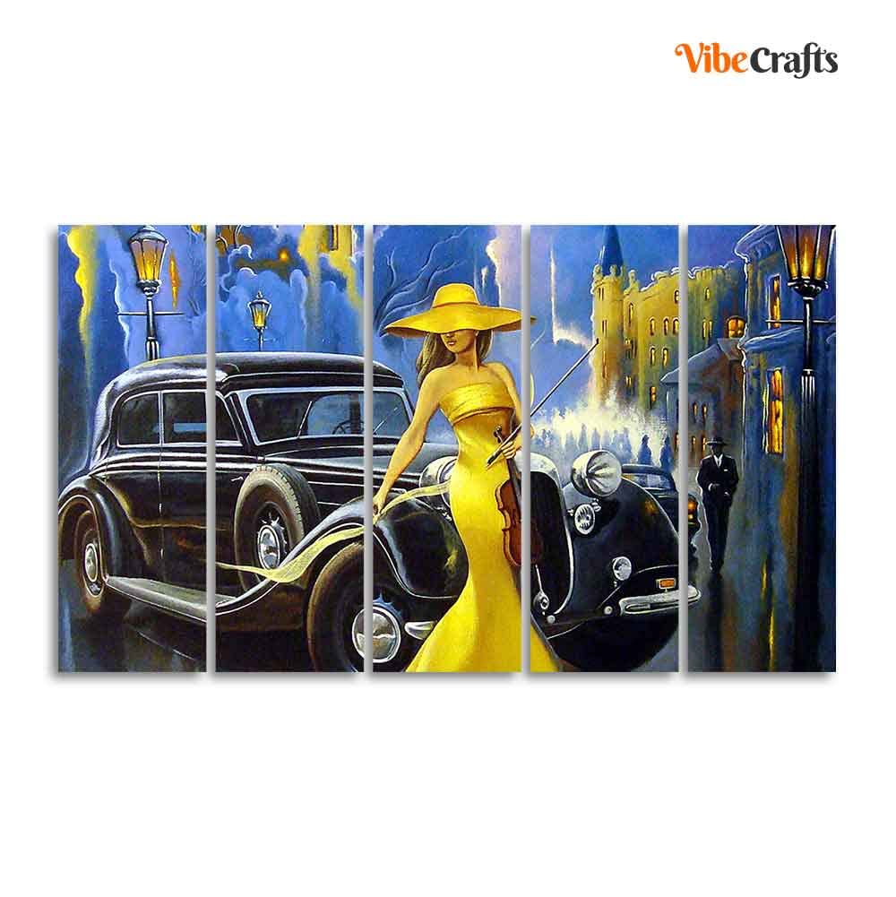 VIBECRAFTS Beautiful Women With Car 5 Pieces Canvas Wall Painting For Home | Office | Living Room | Gift (PTVC5Pcs4_8520)