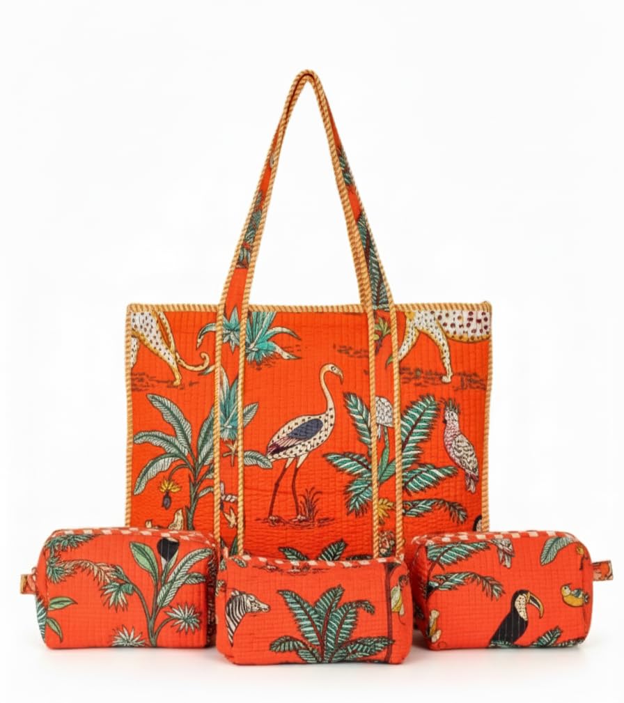 NIKAVIK 1 Tote Bags and 3 Pouch Quilted fabric Handblock Printed Tote Bag(with zip) and bottle compartment with Matching Pouches (Orange)
