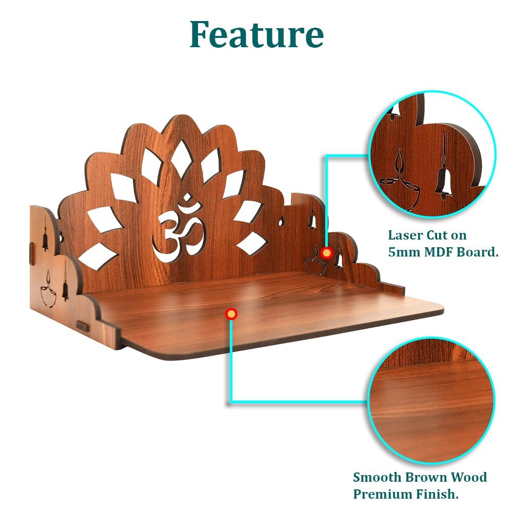 BerryBox Wood Hand Crafted Om Pattern Home Temple for Pooja Temple for Home and Office l Puja Mandir l Wooden Mandir l Puja Shelve | | Compact Pooja Ghar Stand (Design 2)
