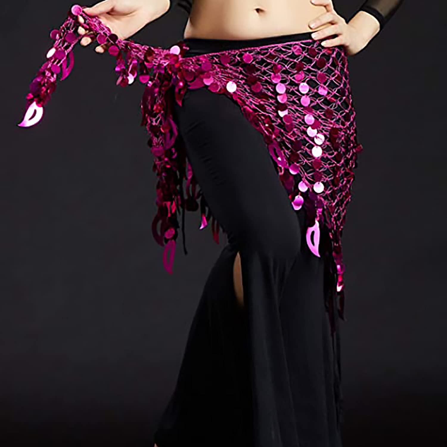 Vritraz Women's Chiffon Belly Dance Hip Scarf Waistband Belt Skirt Mixed Colors Sequence Beads And Coins Pink