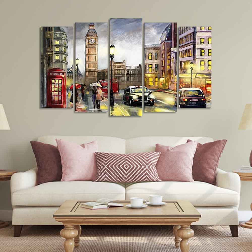 VIBECRAFTS Street View of London Canvas Wall Painting Set of Five Pieces For Home|Office|Living Room|Gift (PTVC5Pcs2_6533)