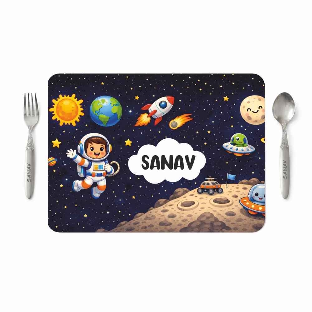 VS GIFTS Customized Table Mat with Name & Design Engraving | Personalized Dining Mat with Spoon & Fork | Customized Birthday Gift for Kids (Space) Kafalo