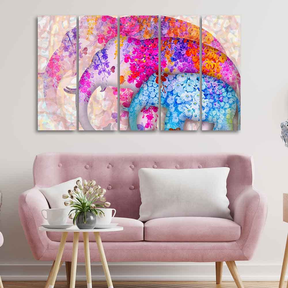 VIBECRAFTS Beautiful Three Art Elephant 5 Pieces Canvas Wall Painting For Home | Office | Living Room | Gift (PTVC5Pcs4_8523)