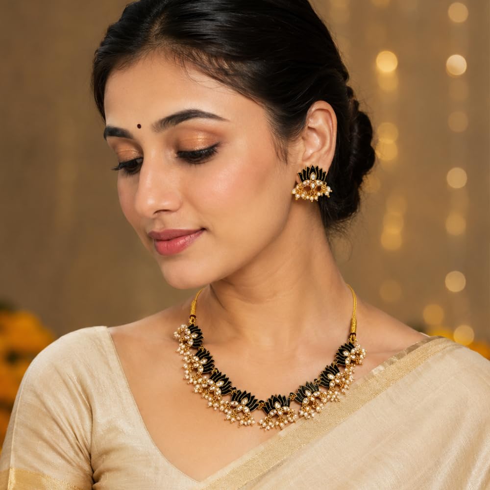 Traditional Black & Gold Lotus Design Necklace Set for Women | Adjustable Dori | Handmade Ethnic Jewelry with Matching Earrings | Wedding, Festival