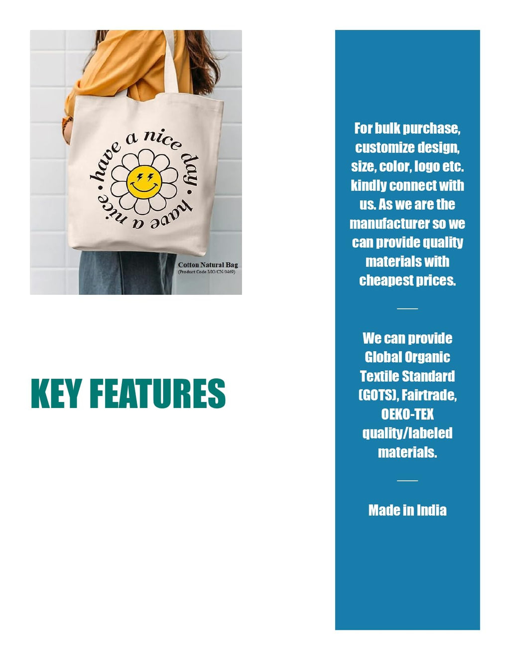 MyOrganicBag - Handmade Canvas Tote Bag Aesthetic, Reusable Organic Cloth Cotton Bags for School, Shopping, Beach, Grocery - Made in India