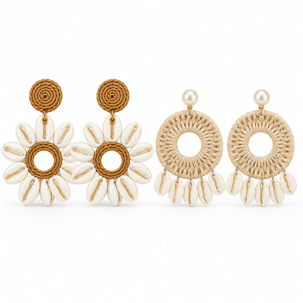 TR HAUTE Fashion Jewellery Bohemian Seashell Earrings Set of 2 for women and girl ,Handcrafted boho Macrame and Cowrie Flower Design, combo of 2 earring set for women and girl. trending earringes. pack of 2