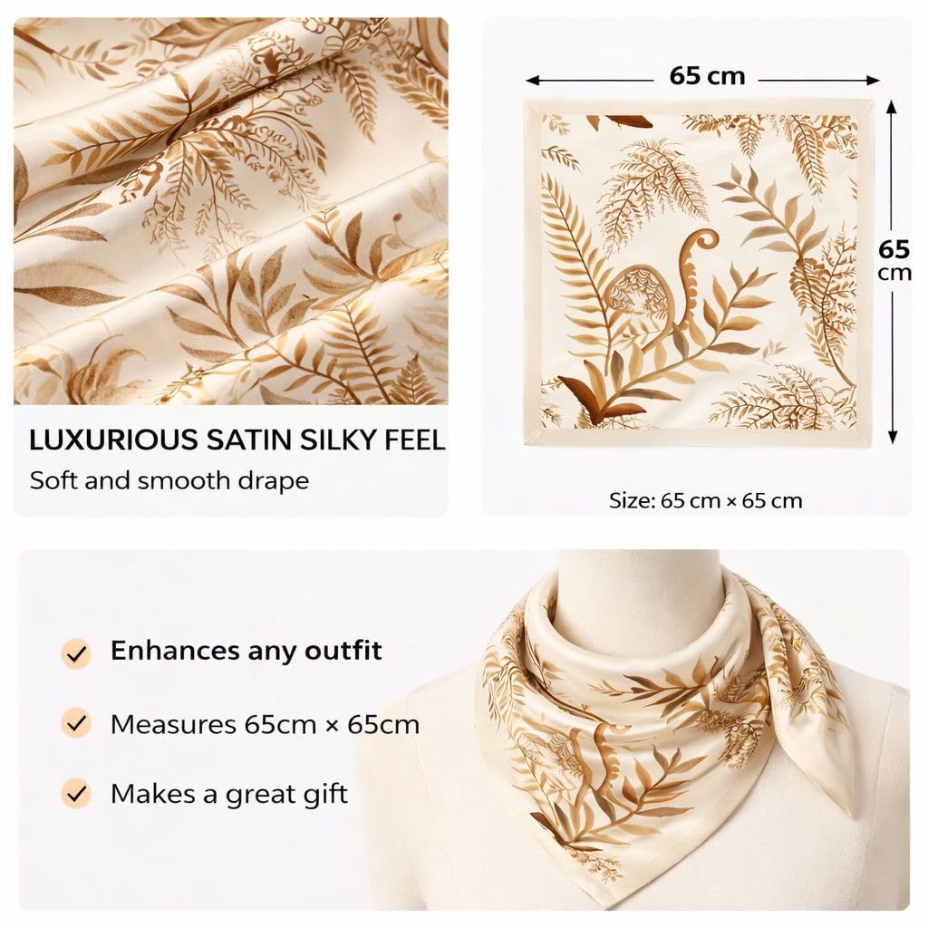 AMN Trendzz Satin Silk Scarf for Women, Stylish Satin Scarf 65×65 cm Square, Scarf for Women Elegant Head and Neck Accessory for Fashion, Travel and Gifting. (Botanical Fern – Beige & Brown)