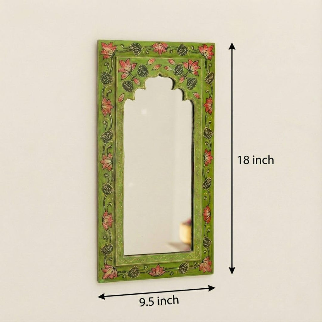 ATRANGI STUDIO Multicolour Handpainted Wooden Mirror (Set of 3) | Handcrafted Arch Design with Floral Motifs | Rajasthani Jharokha Style Mirror | Framed Wall Hanging for Home, Bedroom | 18x9.5 Inch