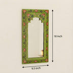 ATRANGI STUDIO Tropical Green Handpainted Wooden Mirror | Handcrafted Arch Design with Floral Motifs | Rajasthani Traditional Jharokha Style Mirror | Framed Wall Hanging for Home, Bedroom |18x9.5 Inch