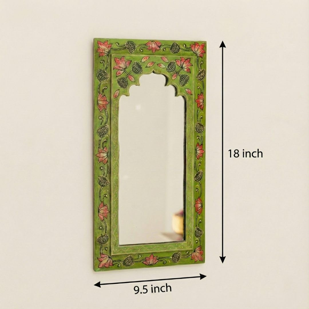 ATRANGI STUDIO Tropical Green Handpainted Wooden Mirror | Handcrafted Arch Design with Floral Motifs | Rajasthani Traditional Jharokha Style Mirror | Framed Wall Hanging for Home, Bedroom |18x9.5 Inch