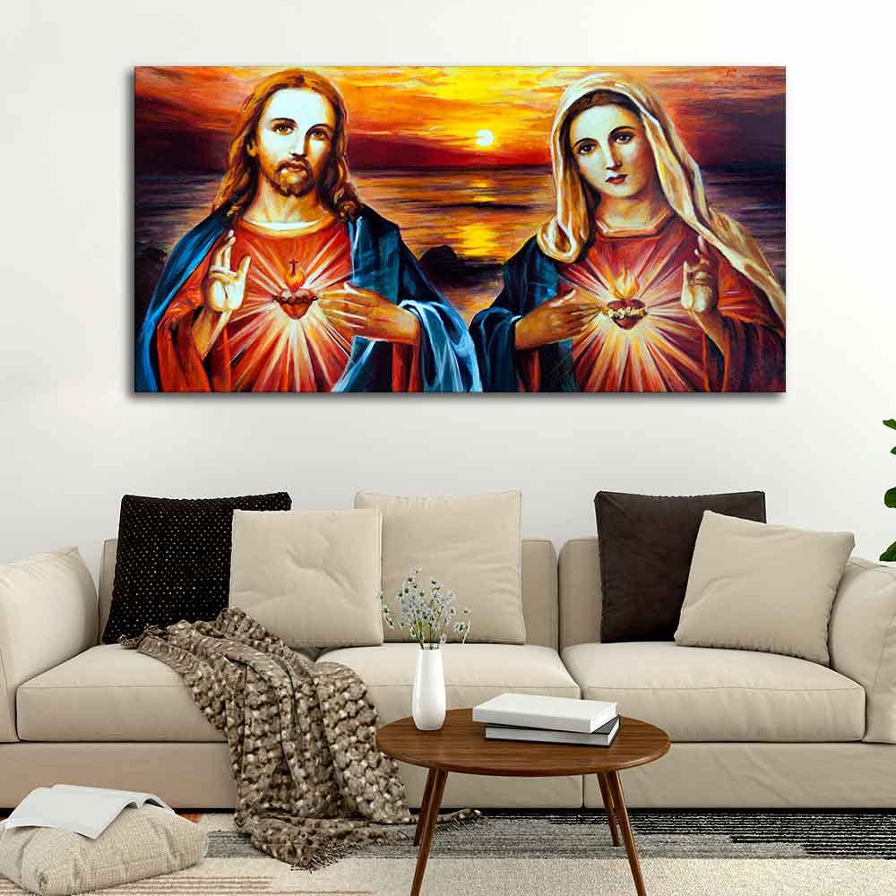 VIBECRAFTS Canvas Paintings for Living Room Drawing Room Jesus Christ And Mary Canvas Wall Painting Fitted With Wooden Frame For Home | Office | Living Room | Gifts (PTVCH_2550)(48 x 24 Inches)