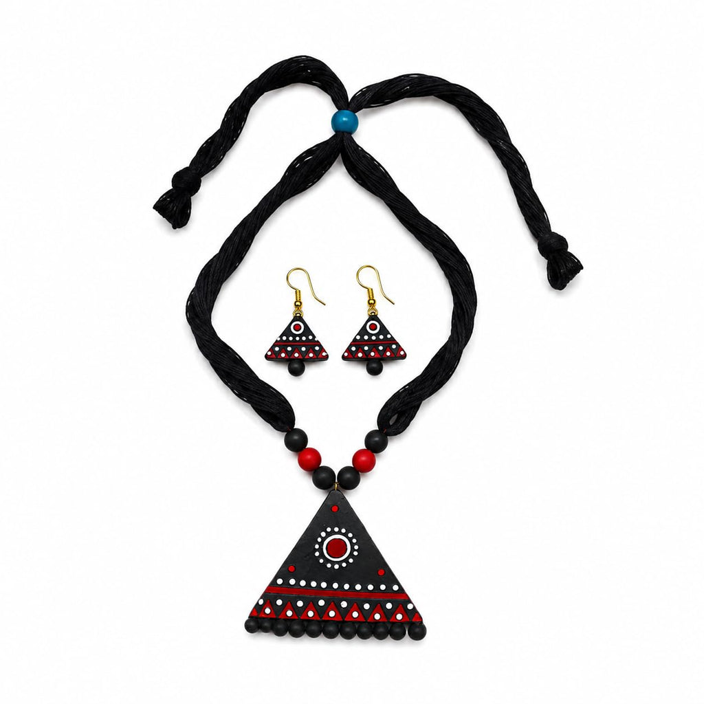 Handmade Terracotta Triangle Necklace Set with Earrings | Black Red White Handpainted Ethnic Jewellery Set for Women | Tribal Boho Necklace for Saree, Kurti, Gifting