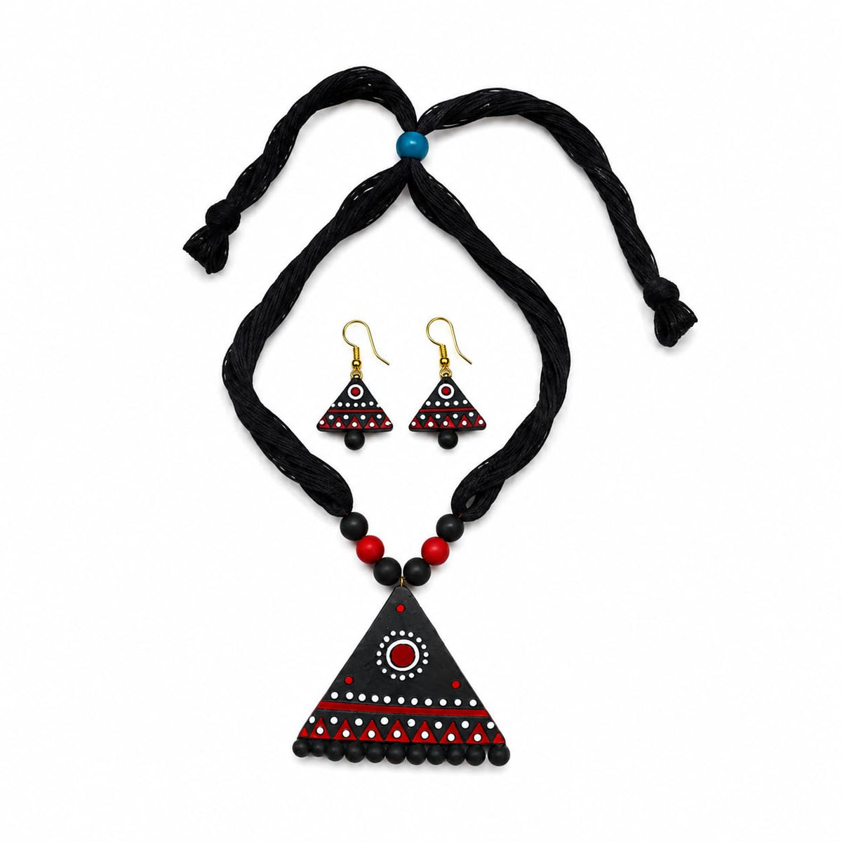 Handmade Terracotta Triangle Necklace Set with Earrings | Black Red White Handpainted Ethnic Jewellery Set for Women | Tribal Boho Necklace for Saree, Kurti, Gifting