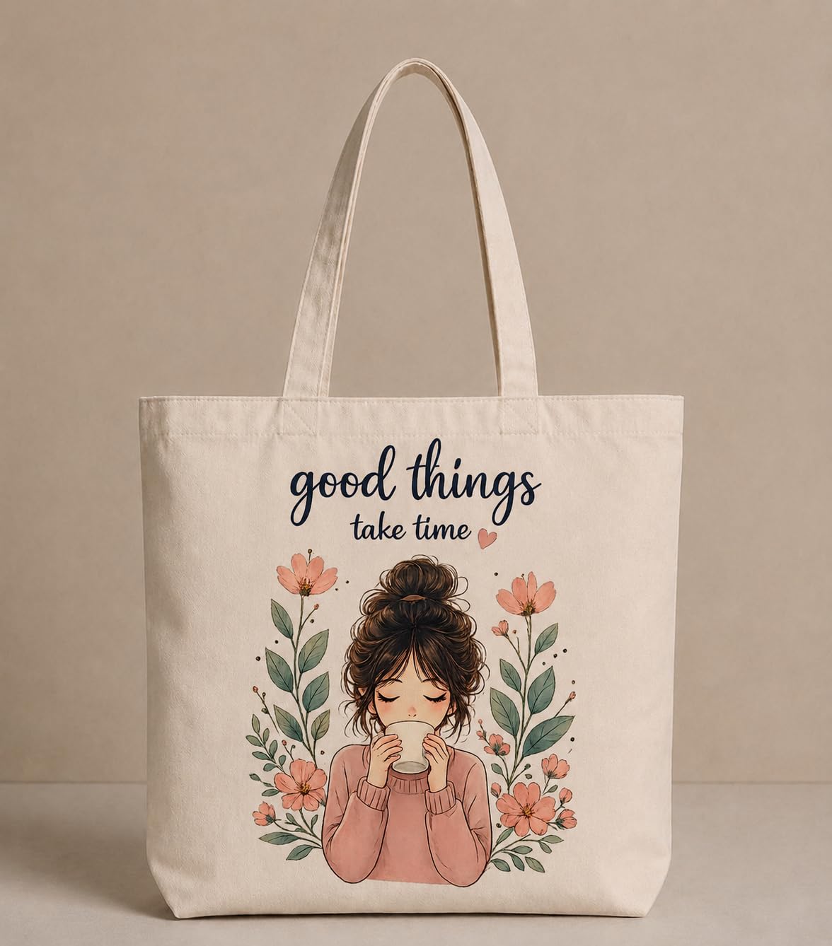 Supadaa Large Canvas Tote Bag For Women With Zipper Premium Cotton Shoulder Handbag Reusable Shopping Office College Travel Beach Grocery Bag (Coffe Girl)