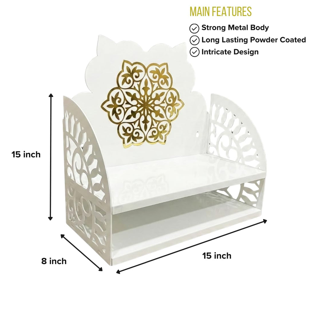 NIVED Saraswati Metal Mandir | 15 x 15 x 8 inch | Extra Storage | Dual Colour Design | Wall Mountable | Easy Screw Assembly | Home Temple | Pooja Stand | Colour: White & Brown