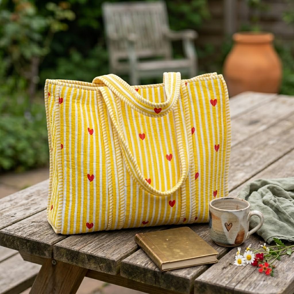 LOOMARTE Quilted Cotton Printed Tote Bag for Women & Girls - Yellow