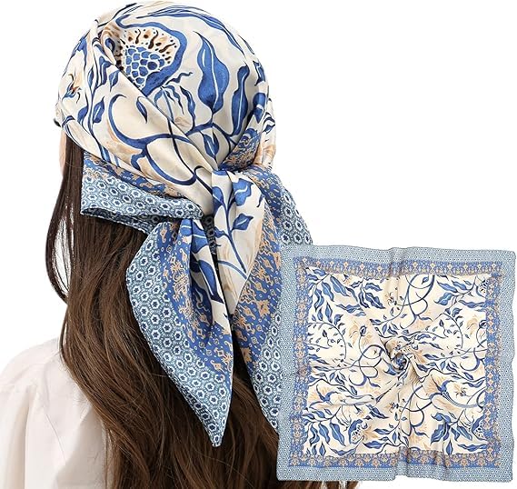 Qutipek Silk Scarf For Women Stylish Blue - 28 Inches Hair Scarf For Women Paisley Print Head Scarf For Women Bandana Scarfs For Fashion