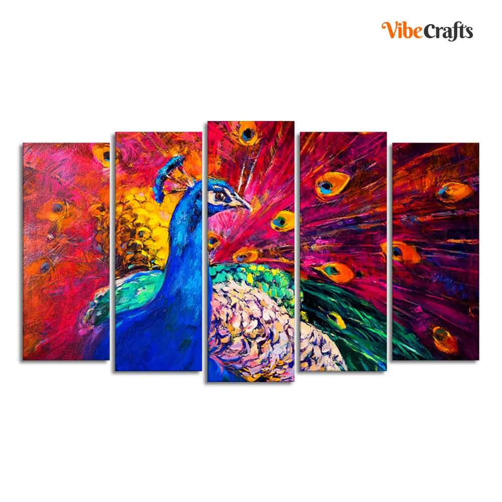 VIBECRAFTS Beautiful Peacock Canvas Wall Painting of Five Pieces For Home|Office|Living Room|Gift (PTVC5Pcs2_6524)