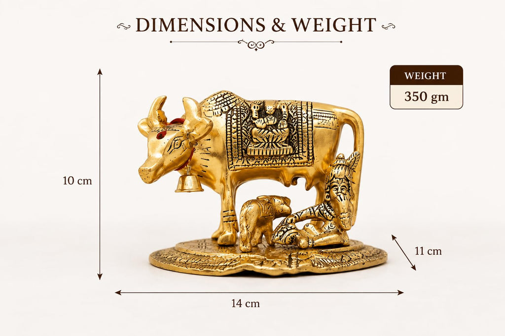 KridayKraft Kamdhenu Cow with Calf & Bal Gopal Krishna Idol, 19 cm Metal Gau MATA Statue for Home Mandir, Pooja Room, Vastu & Religious Gifting, Antique Gold Finish, 910 g