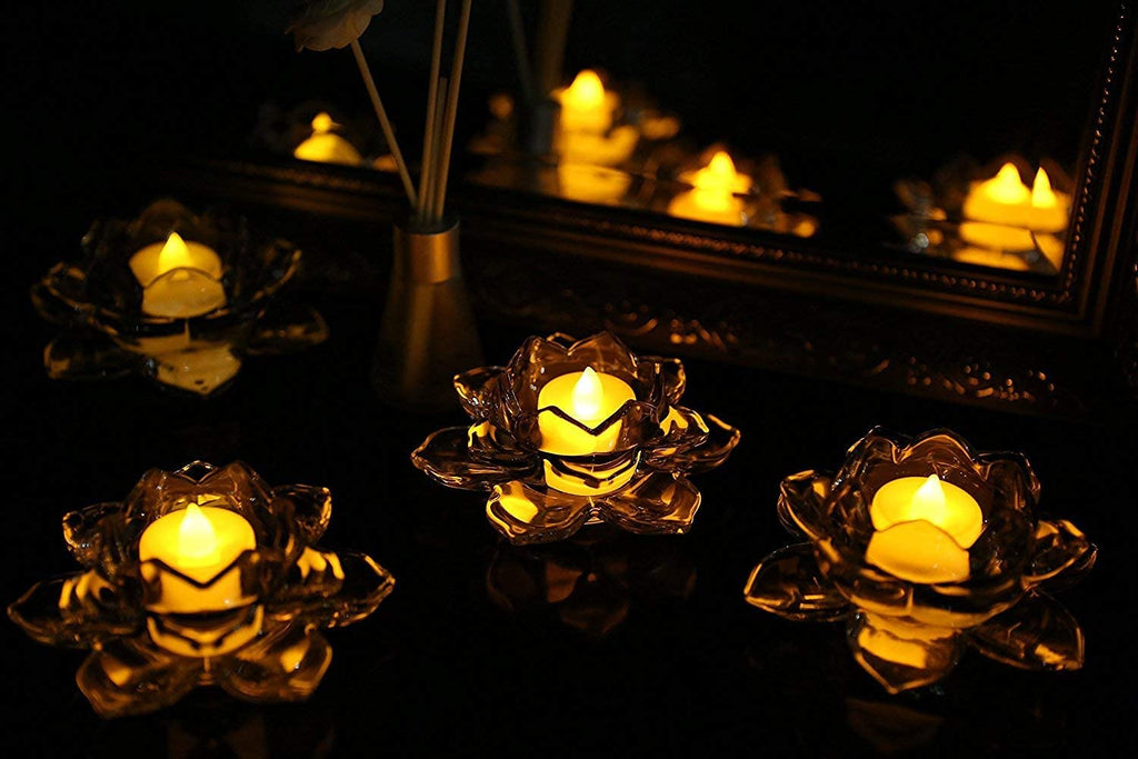 Vilon Italian Premium Exquisite Glass Lotus Flower Tea Light Candle Holder, Perfect for Lighting Decoration, Corporate Gifts,Home Decor and Festival Like Diwali, Christmas or Eid Set of (1)