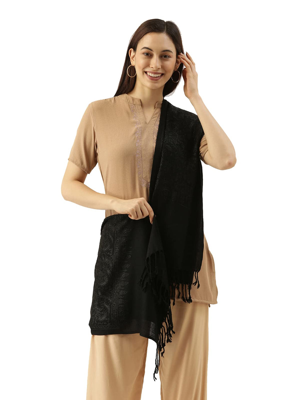 Pashmoda Women’s 100% Pure Wool Aari Embroidered Stole, Shawl and Wrap, Woolmark Certified, Sustainable and Natural Fabric (Size 28x80) (Black)