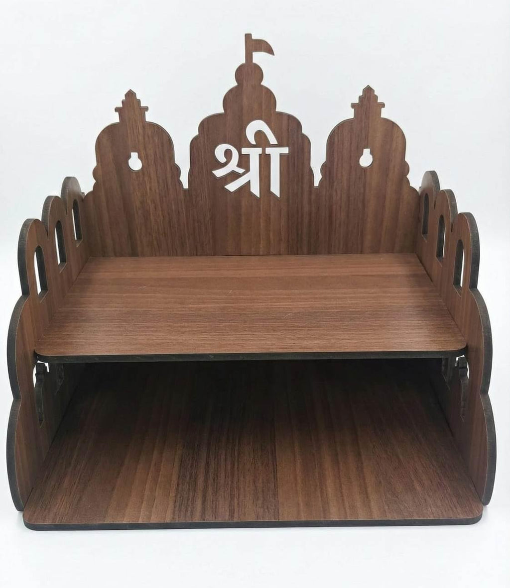 Bindian Wooden Home Temple/Mandir for Wall & Table | Pre-Laminated Dark Brown MDF Board | Ideal for Pooja Ghar, Office Desk & Small Spaces | Durable 4.2mm Thickness | H 8 x L 9 with 2.5 Storage