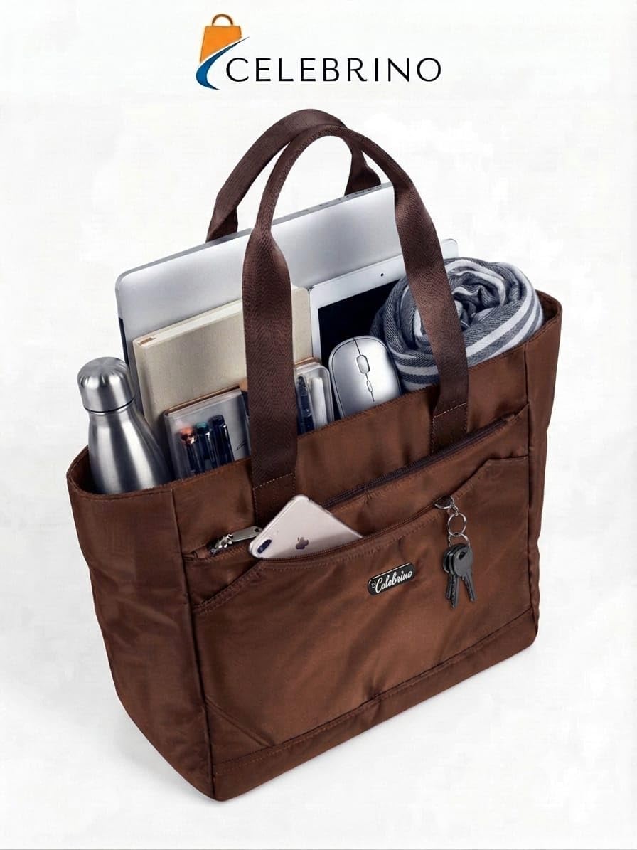 CELEBRINO Spacious Tote Handbag for Women | Nylon Hand Bags with Multiple Zip Compartments | Waterproof Large Shoulder Bag for Office, College, Travel & Shopping | Multi Pocket Zipper Handbags