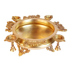 ARTVARKO Peacock Design Traditional Brass Urli with Diyas and Bells Flower Candles Home and Office Decoration Gift 15 Inch,Gold Color