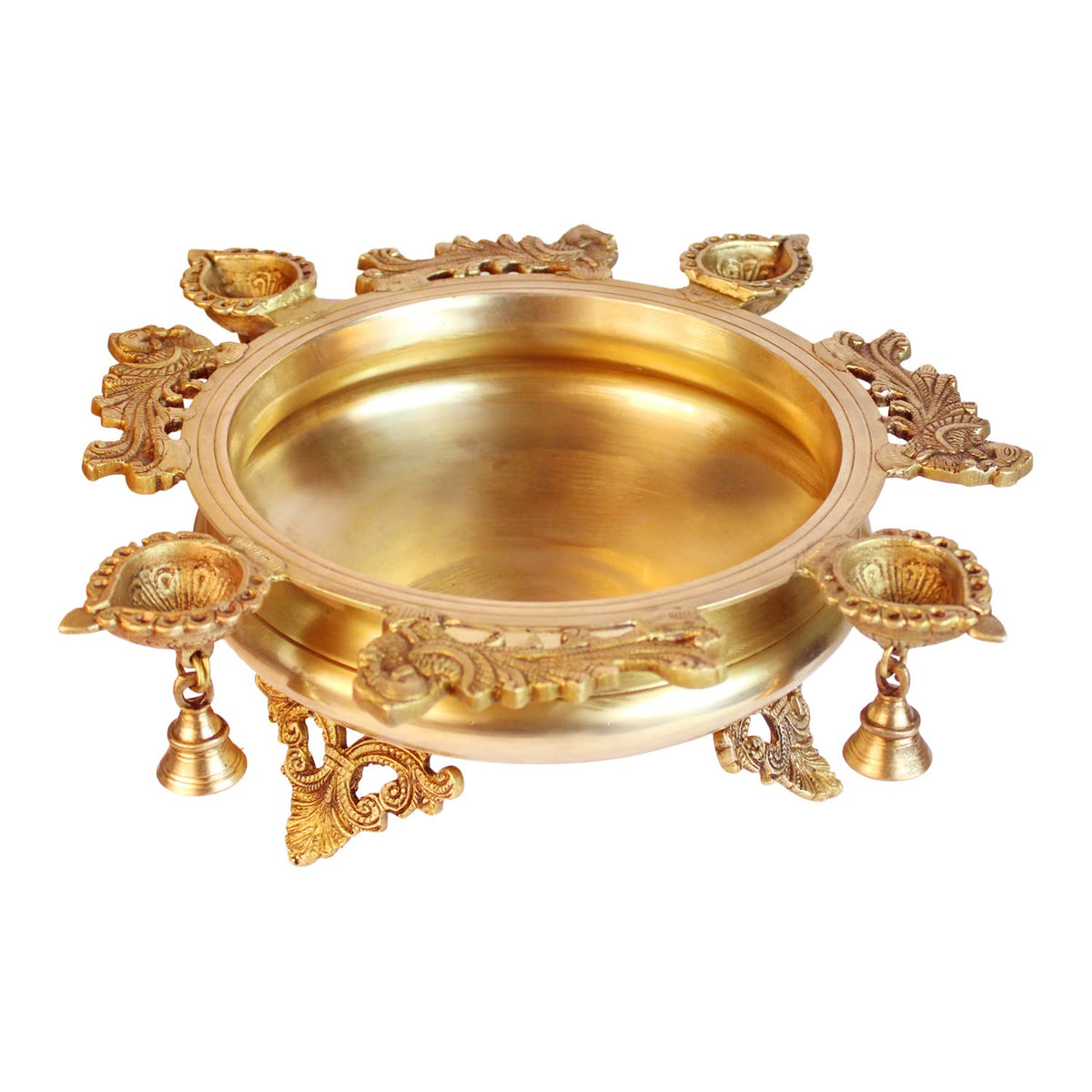 ARTVARKO Peacock Design Traditional Brass Urli with Diyas and Bells Flower Candles Home and Office Decoration Gift 15 Inch,Gold Color