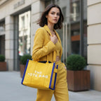 MAIRO LIFESTYLE Women Canvas The Tote Bag with Zipper Small Purse Crossbody Bag Top Handle Traveler Handbag (Yellow with Blue edge)