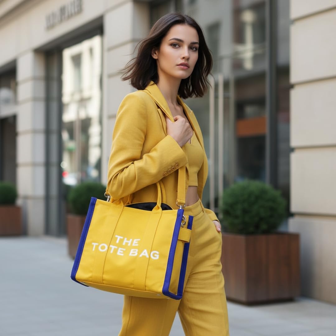 MAIRO LIFESTYLE Women Canvas The Tote Bag with Zipper Small Purse Crossbody Bag Top Handle Traveler Handbag (Yellow with Blue edge)