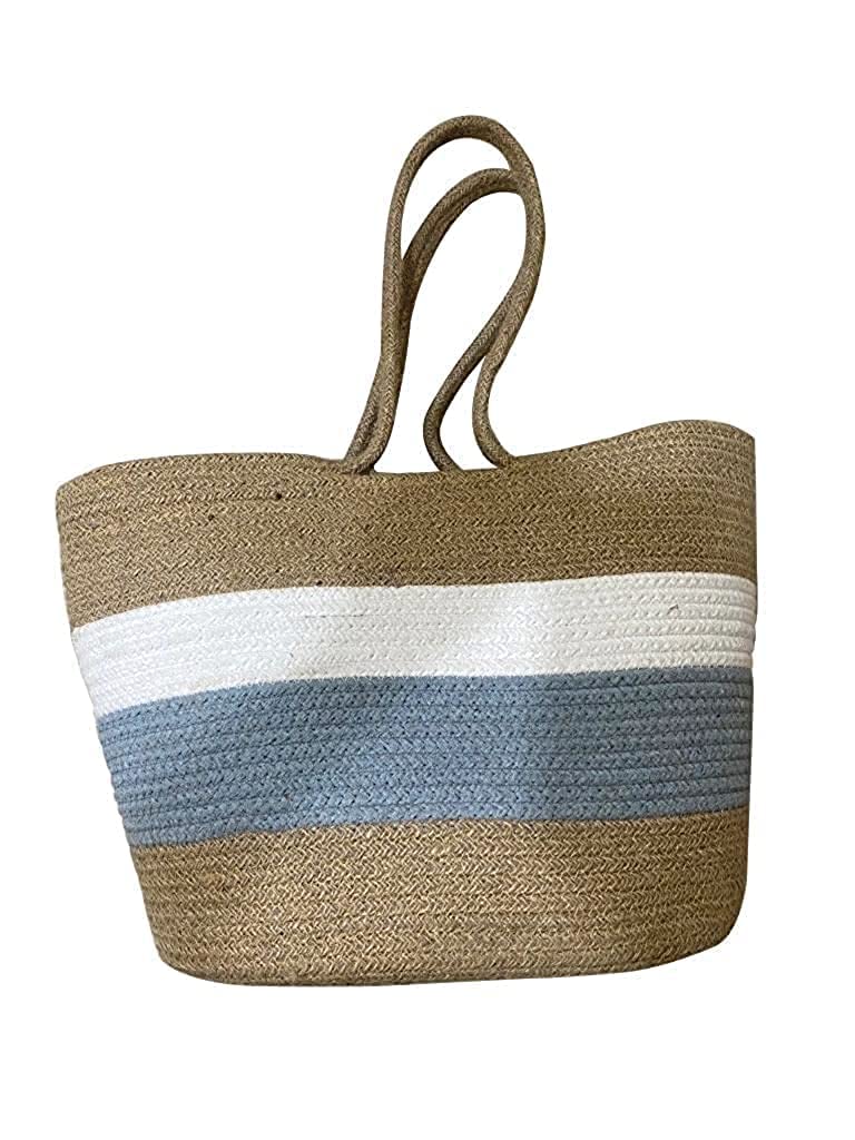 ROSSLYN Big Eco-Friendly Reusable Jute&Cotton Bag for Cloth Shopping Bags for Daily use Market Carry Milk Grocery Fruits Vegetable with Reinforced Handle jhola Bag (white blue)