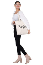 AQVA Printed Cotton Canvas Tote Bag For Women & Collage Girls | Trendy Stylish Multipurpose Handbag With Zipper | Shoulder Bag For Shopping, Beach, Travel, Work With Inside Pockets (Bonjour), White