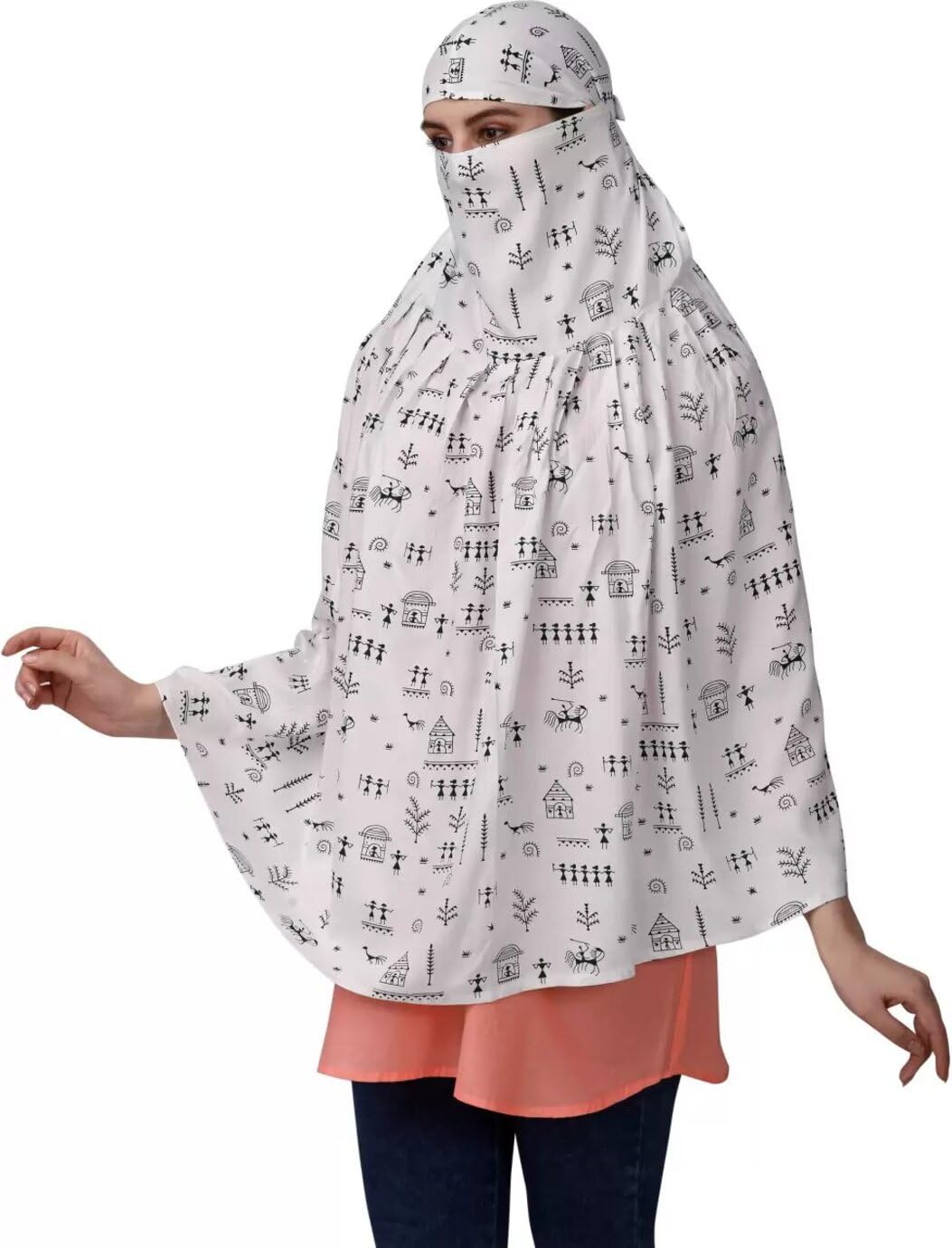 Vinsh Enterprise Cotton Long Scarf Cum Mask Scarves Usable for Vehicle Driver | White Printed Design | Universal Size | For Girl & Women | Soft & Breathable Sun Protection (Picnic)