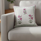 HOMEMONDE Premium Cotton Cushion Cover - Quilted Soft 16 X 16 Inches Square Pillowcase Floral Hand Block Print, Pink, Pack Of 1, 300 TC