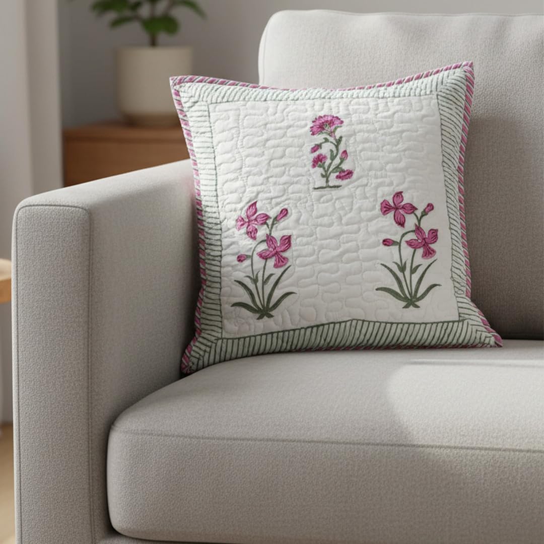 HOMEMONDE Premium Cotton Cushion Cover - Quilted Soft 16 X 16 Inches Square Pillowcase Floral Hand Block Print, Pink, Pack Of 1, 300 TC
