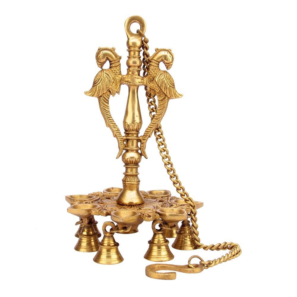 Artvarko Brass Peacock Diya Bells with Chain Wall Hanging 7 Oil Wick Deepak Home Décor Ganti Gift for Puja Temple.