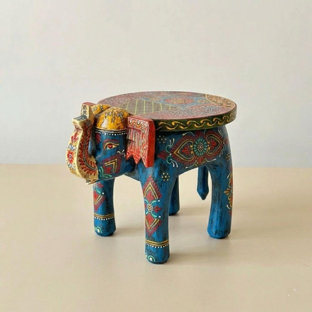 ATRANGI STUDIO Blue Handpainted Wooden Elephant Stool Cum Showpiece | Mango Wood Traditional Multipurpose Stool for Living Room Decor & Mandir | Perfect for Plant Stand | 8x8x10 inch