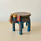 ATRANGI STUDIO Blue Handpainted Wooden Elephant Stool Cum Showpiece | Mango Wood Traditional Multipurpose Stool for Living Room Decor & Mandir | Perfect for Plant Stand | 8x8x10 inch