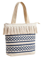 Wisdom Decor Handwoven Cotton Tote Bag with Blue Geometric Pattern, Bohemian Tassels, and Pom-Poms – Stylish Shoulder Bag for Daily Use, Beach, and Travel