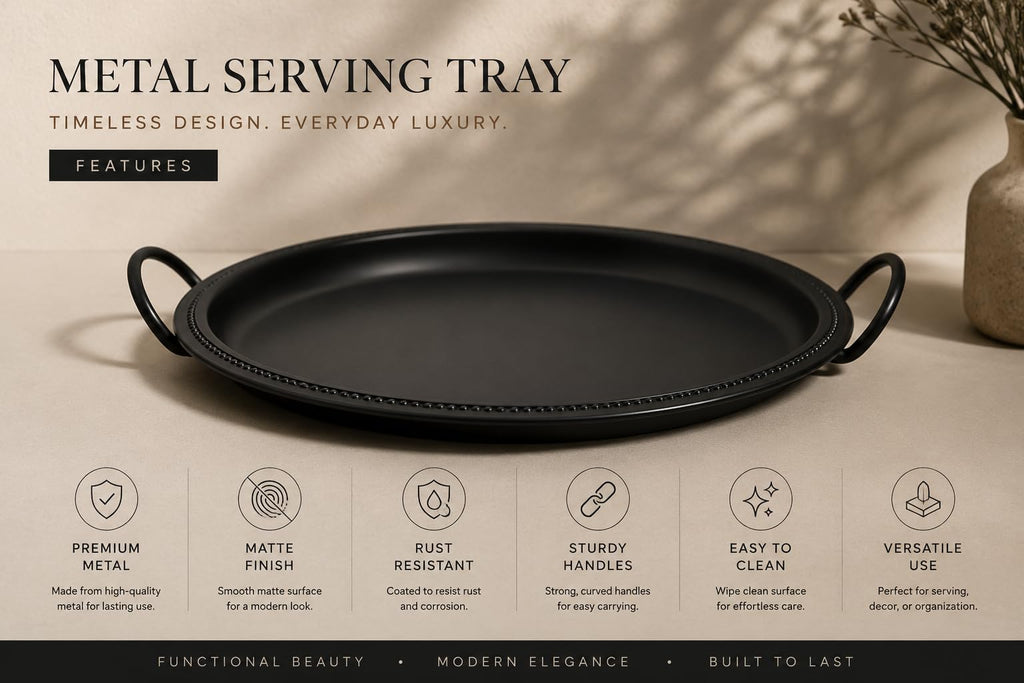 Be Happy Modern Hammered Metal Serving Tray with Handles Round Decorative Platter for Coffee Table Dining Serving Home Decor and Kitchen Use (Black)