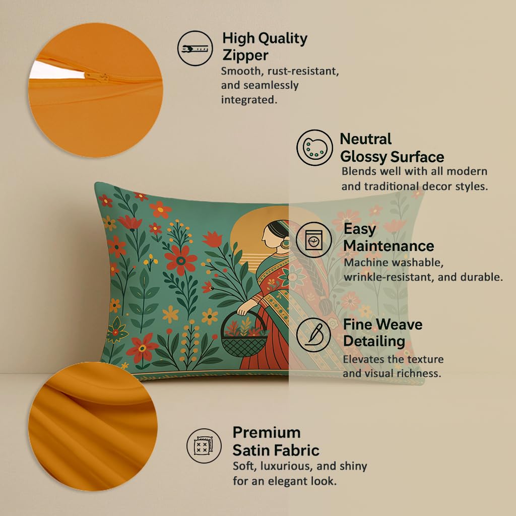 STITCHNEST Satin Cushion Covers Elegant Woman in Saree with Basket & Flowers, 12x18 Inch, Pack of 2 for Ethnic Sofa Styling & Gifting